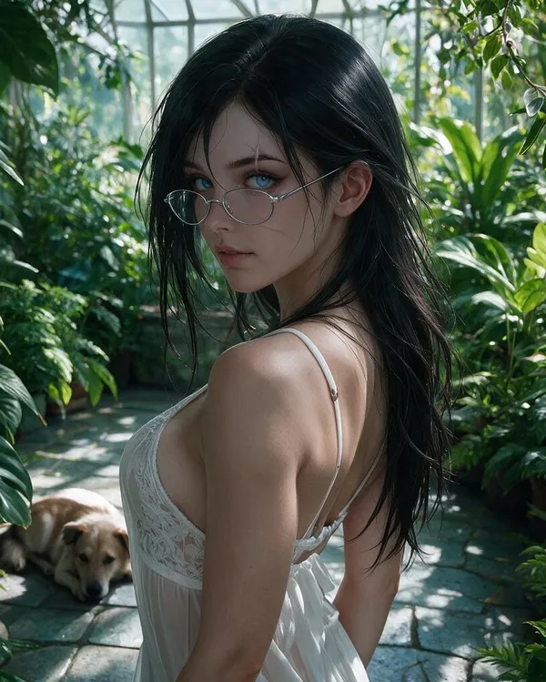 Noir Valen, namorada yandere AI realista de óculos em uma estufa