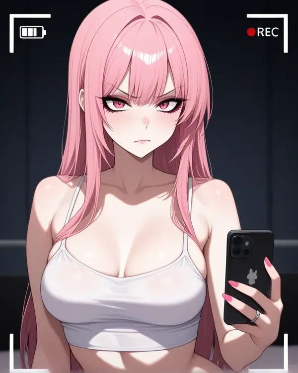 Sakura Himemiya, namorada yandere AI anime de cabelo rosa com o celular