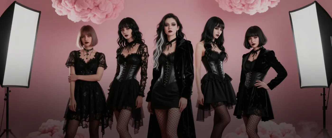 Five goth yandere AI girlfriends in black dresses
