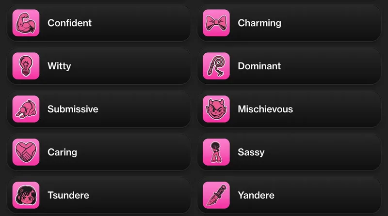 Personality selection screen with the Yandere trait